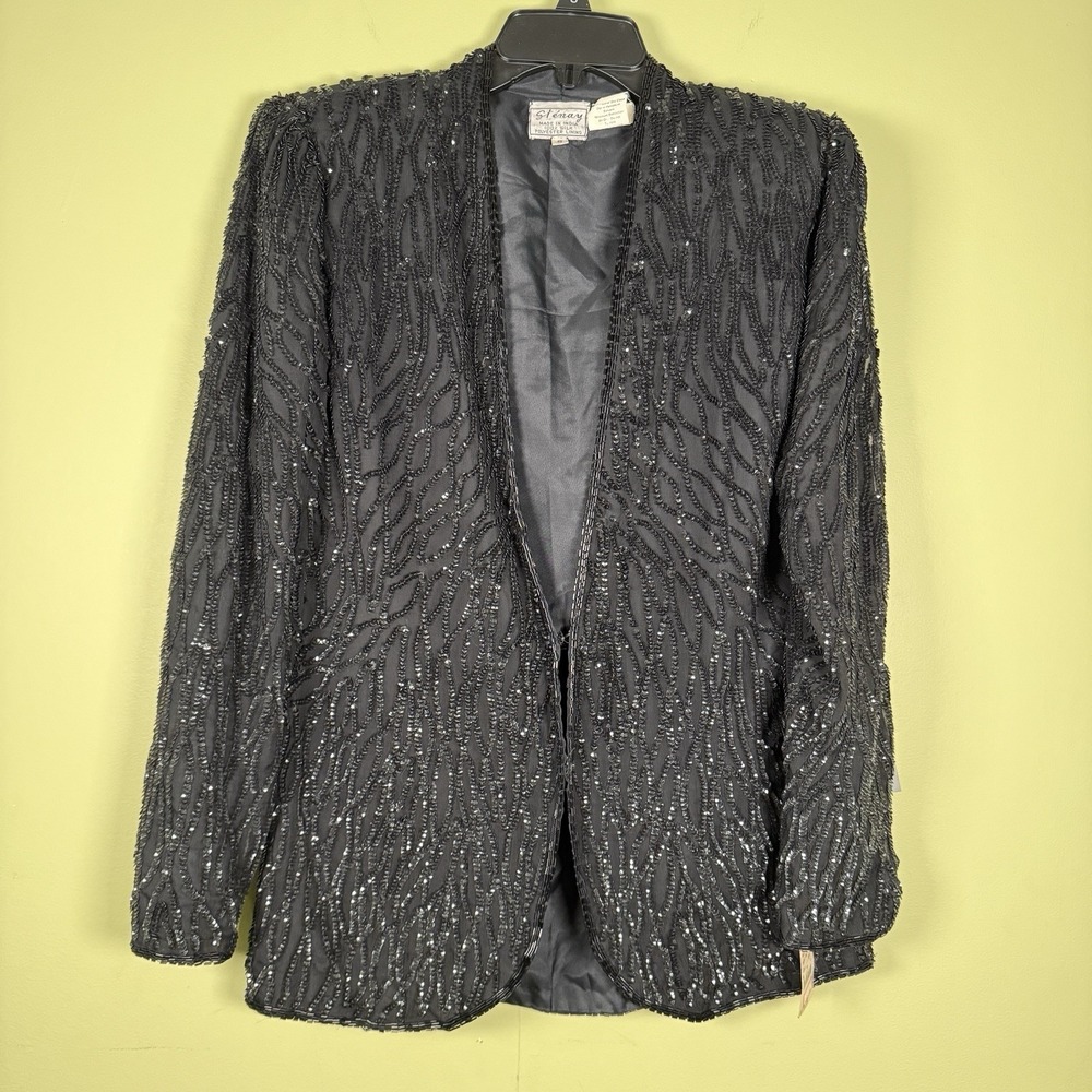 NWT VTG Stenay 100% Silk Size Sm Beaded Sequin Evening Jacket Black Blazer Women